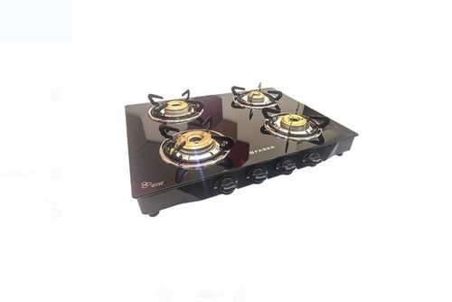 Manual Black Color Four Burner Glass Top Gas Stove For Home And Kitchen Use