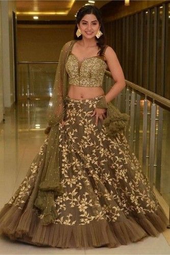 Olive Green Lehenga Set With Mirror Work Design by Seema Gujral at Pernia's  Pop Up Shop 2024