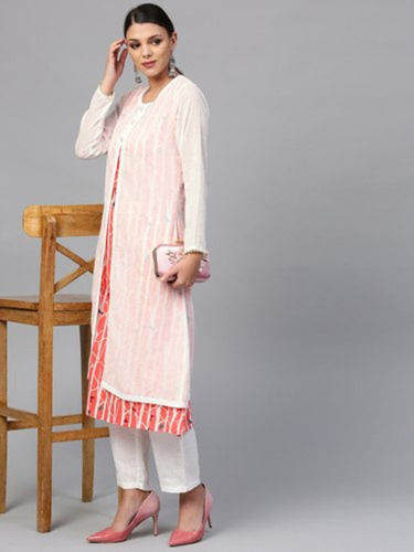 Gorgeous Look White Color Comfortable Cotton Striped Kurta With Muslim Jacket