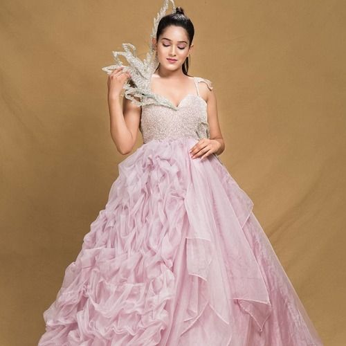 Sleeveless Baby Pink Color Sequins Embroidered Net Party Wear Gown at ...
