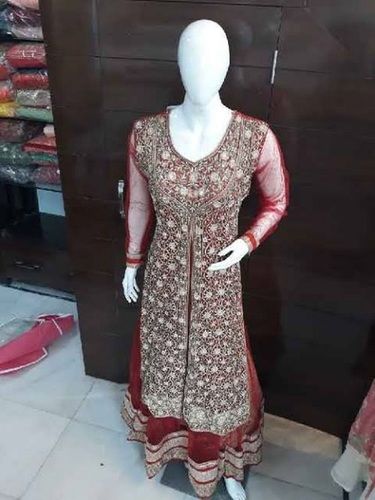 Womans Stylish Comfortable And Breathable Maroon Frock Suits Decoration Material: Beads