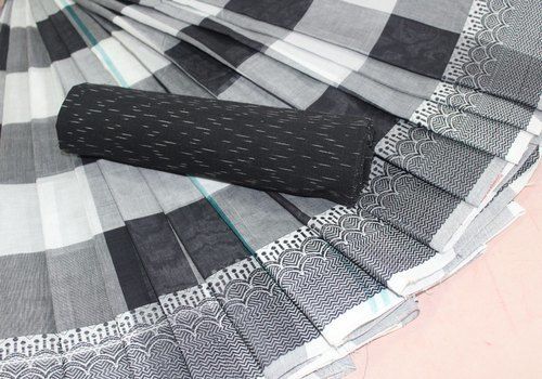 Summer Black And White Casual And Formal Wear Printed Cotton Saree For Ladies