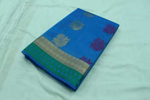 Blue And Green Printed Design Trendy Semi Silk Monica Cotton Silk Saree