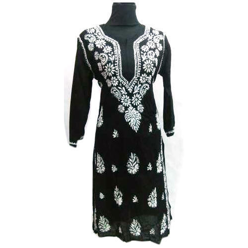 Washable Casual Wear Black Color Ladies Cotton Kurti With Embroidered Work, Normal Wash