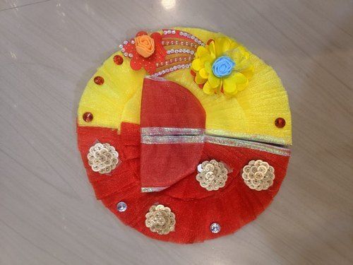 Polyester Lord Krishna Statue Dress Yellow And Red For Worship With Mirror Work Size 6 Inch