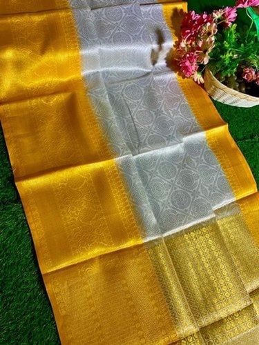 Printed Party Wear Grey And Golden Color Border Pure Silk Saree With Beautiful Design