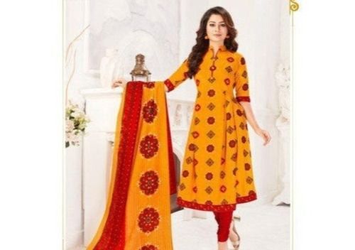 Indian Red And Yellow Color Comfortable And Washable Ladies Cotton Frock Suit