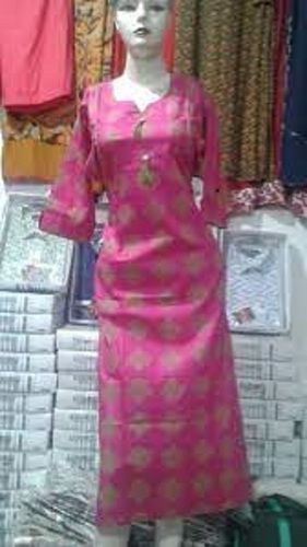 Ladies Breathable Cotton Stylish Stunning Look Pink And Golden Fancy Kurti 