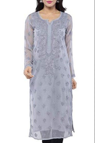 Grey Colour Casual Wear Georgette Full Sleeve Chikan Kurti With Normal Wash