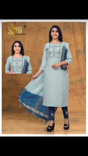 Ladies Casual 3/4th Sleeves Round-Neck Gray Embroidered Cotton Kurti