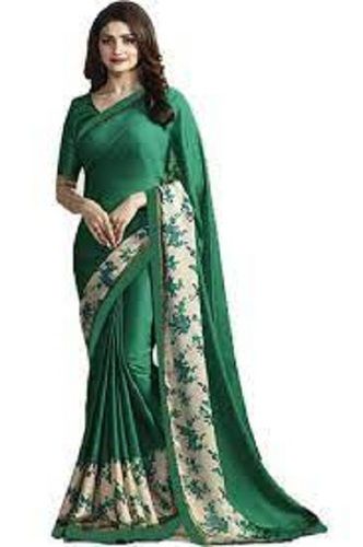 Printed 100 % Pure Silk Grand And Rich Look Durable Easy To Wear Ladies Plain Fancy Saree (Dark Green & Cream)