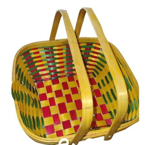 Environment Friendly Multi Purpose Designer Natural Red, Green And Brown Color Bamboo Basket With Handle