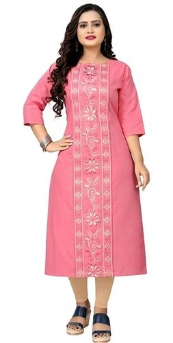 Party Wear Pink Color Cotton Kurti With Printed Embroidery Pattern For Women Decoration Material: Sequins