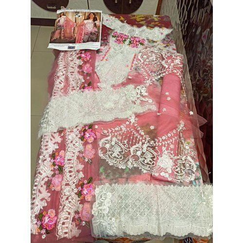 Chiffon Women'S Elegant Designer Neck Pink Heavily Embroidered Suit With Salwar And Dupatta 