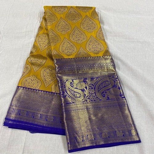 Mustard And Blue Attractive Color Zardozi Work Party Wear Kanchipuram Pure Silk Saree 6 Meter With Blouse Piece