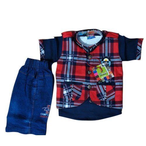 Blue Kids Casual Wear Breathable And Comfortable Cotton Checked Baba Suit