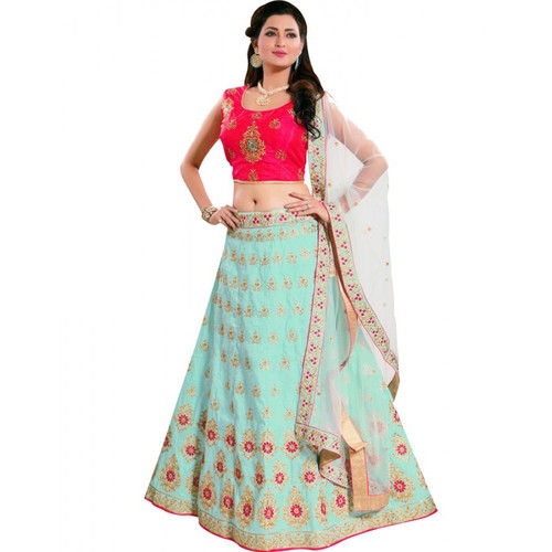 Party Wear Unstitched Pink And Blue Net Ladies Lehenga Choli