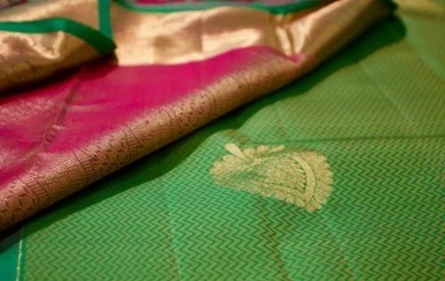 100% Fancy Cotton Silk Very Comfortable Look Traditional Golden Patch Saree For Ladies (Green Pink Golden)