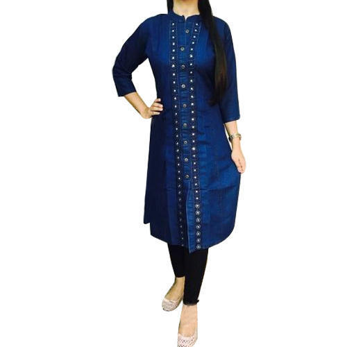 Blue Party Wear Ladies Kurti With Denim Cotton Fabrics And 3/4 Th Sleeves