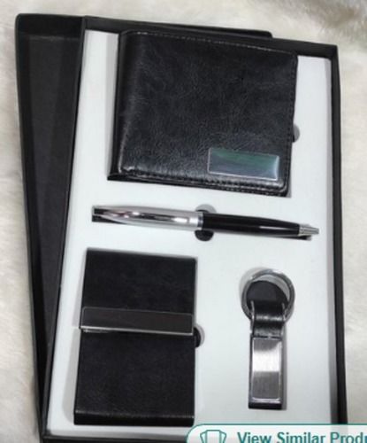 Rectangular Black Color Leather Gift Set, Pack Of Wallet Pen & Keychain For Corporate Promotional Gifting