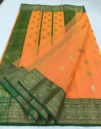 Orange Color Chanderi Cotton Silk Saree With Blouse Piece And Normal Wash