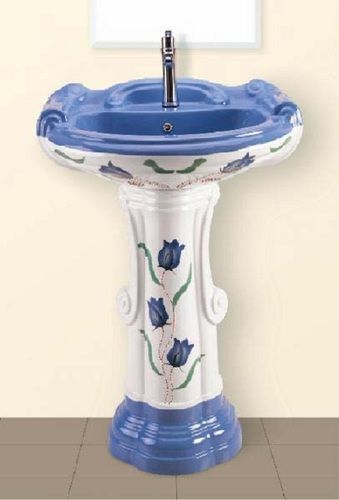 Round Sturdy Design Easier To Clean Blue And White Glossy Ceramic Pedestal Wash Basin