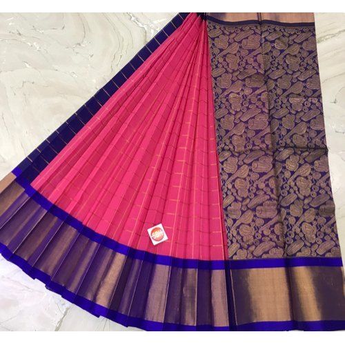 Festive Wear Checked Printed Pink And Blue Border Silk Cotton Saree With Blouse Piece