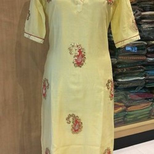 Ladies 3/4Th Sleeves Round-Neck Yellow Embroidered Georgette Long Kurti Decoration Material: Beads