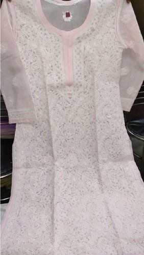 Ladies Casual 3/4Th Sleeves Round-Neck Light Pink Chiffon Chikan Kurti Decoration Material: Beads