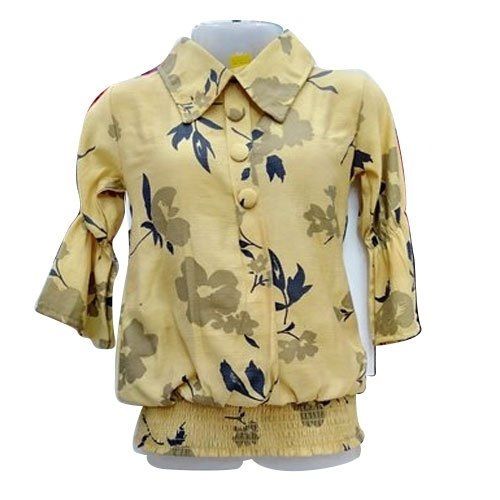 Ladies Casual Wear 3/4th Sleeves Yellow Printed Cotton Collared Tops