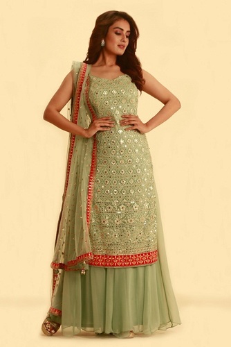 Palazzo Suit Light Green Color In Pack, With Fancy Fabric, For Party, Events