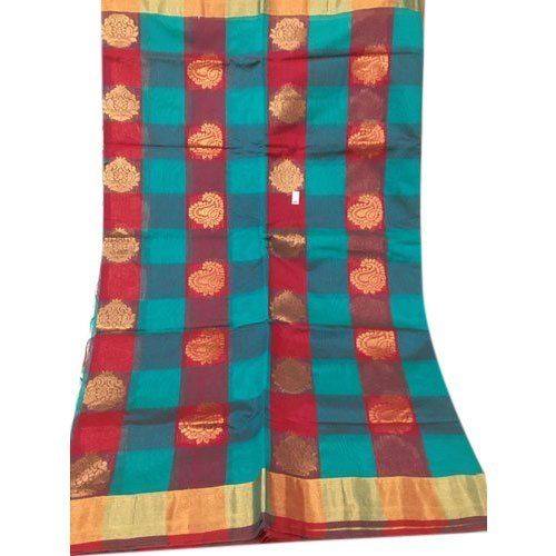 Party Wear Checked Printed Silk Cotton Sarees With 6 Meter Length And Blouse Piece