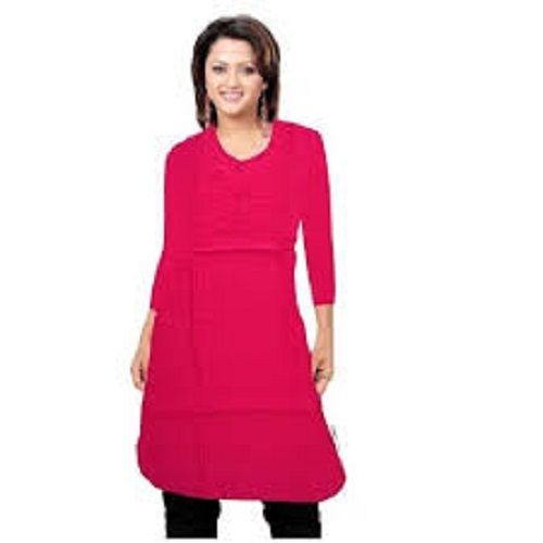 Dark Pink U-Neck And Full Sleeves Soft Comfortable Easy To Wear Cotton Plain Kurti For Ladies