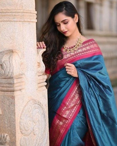 Cotton Beautiful Border Printed Soft Banarasi Saree For Party Wear And Wedding