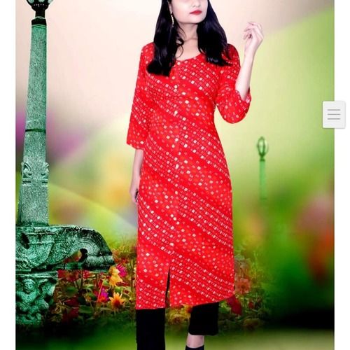 Red 3/4th Sleeves Knee Length Printed Cotton Casual Kurti For Ladies