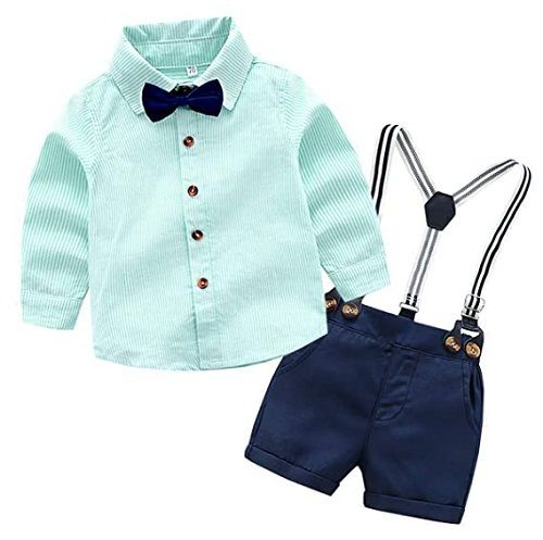 Baby Boy'S Elegant Stripe Print Cotton Full Sleeves Shirt With Denim Dungaree Bust Size: 2 Inch (In)