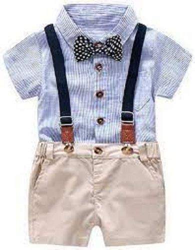 Boy'S Elegant Strip Cotton Half Sleeves Sky Blue Shirt With Half Length Dungaree Bust Size: 2 Inch (In)