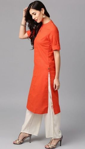 Casual Wear Modern Orange Color Cotton Chiffon Short Sleeves Kurtis For Ladies