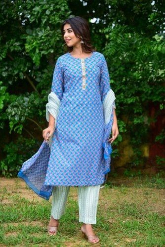 Indian Ladies 3/4Th Sleeves Round-Neck Blue And White Printed Cotton Stitched Suit