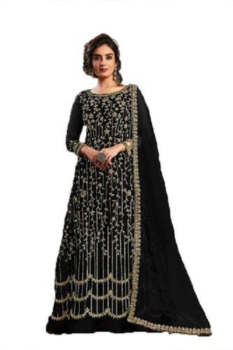 Indian Ladies Bridal Wear Full Sleeves Round-Neck Black Embroidered Cotton Suit