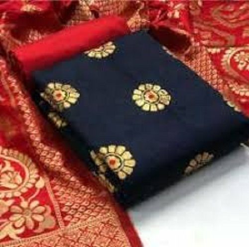 Ladies Navy Blue And Red Printed Cotton Silk Unstitched Salwar Suits Set With Golden Flower Embroidery