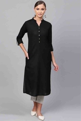 Modern Black Color Cotton Chiffon 3-4th Sleeves Plain Kurtis For Ladies