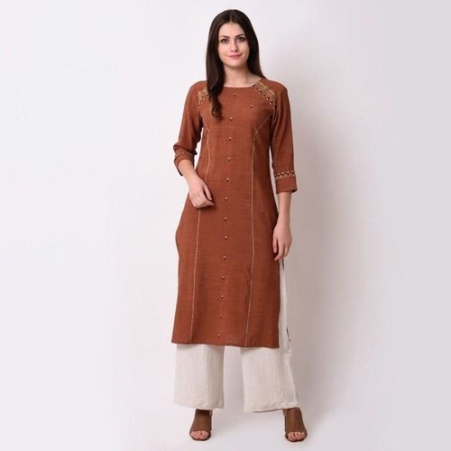 Modern Brown Cotton Chiffon 3-4Th Sleeves Printed Designer Kurtis For Ladies