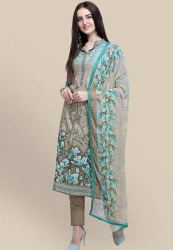 Indian Women Fashionable Pure Cotton Silk Printed Long Sleeves Grey And Green Suit