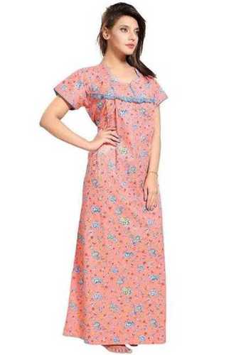 Pink Womens Breathable Sleepwear Cotton Fabric Short Sleeves Printed Nighties