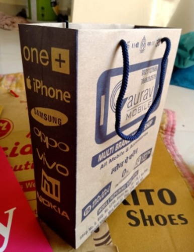 100% Nature Friendly Black And Brown Color Printed Mobile Phone Paper Bags - Water-Resistant Kraft Paper | Custom Designs, Flexo Printing