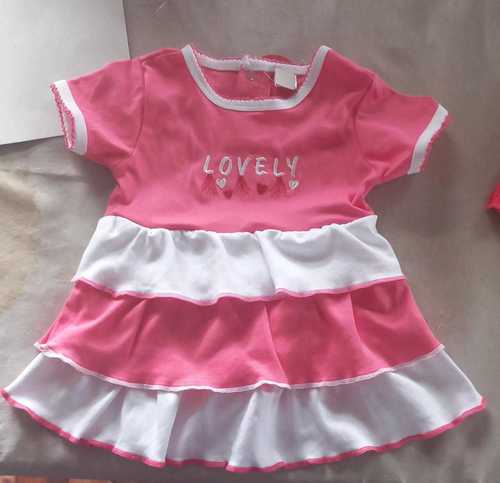 No Fade Kids Printed Breathable Frill Layer Style Pink And White Cotton Frock