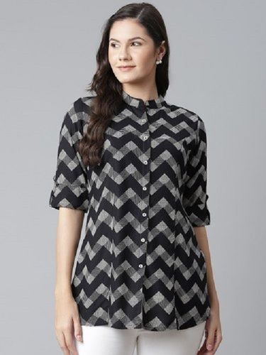 Summer Ladies 3/4Th Sleeves Mandarin-Neck Black And Grey Zigzag Print Rayon Tops