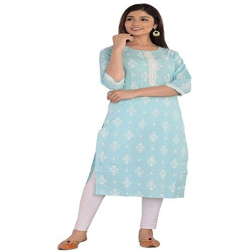 Pure Cotton Round Neck Super Soft Blue And White Beautifully Printed Ladies Kurti Bust Size: 12 Inch (In)