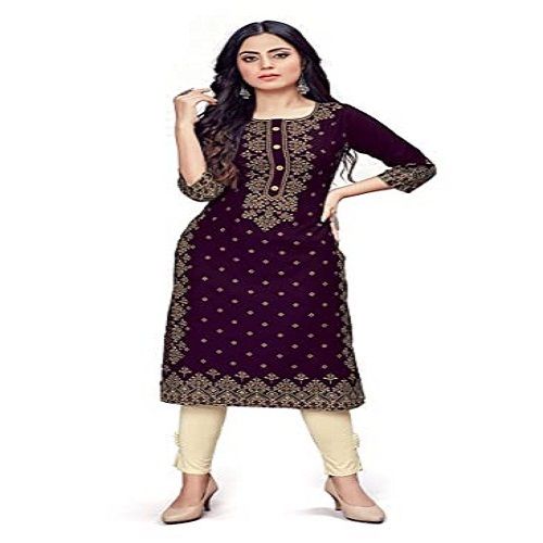 Indian Fashion Dream Women'S Rayon Gold-Toned Printed Straight Long Kurti Suit